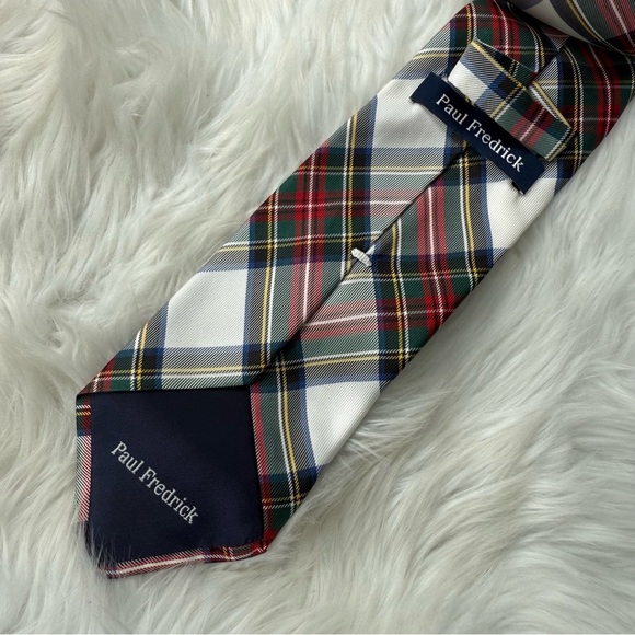 Paul Fredrick 100% Silk Plaid Tie Made in Italy – Red Green Navy Tartan - Picture 5 of 6